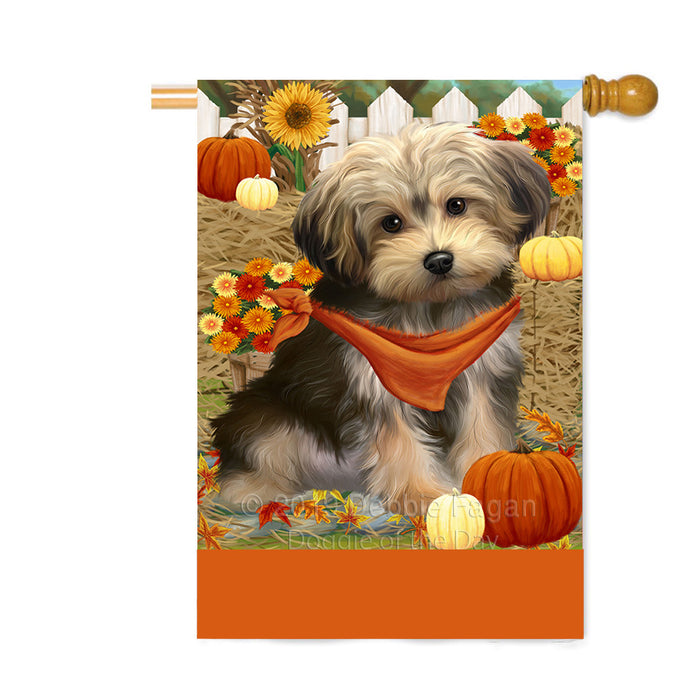 Personalized Fall Autumn Greeting Yorkipoo Dog with Pumpkins Custom House Flag FLG-DOTD-A62163