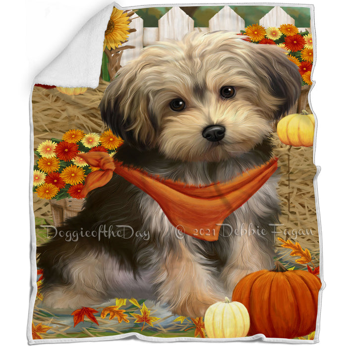 Fall Autumn Greeting Yorkipoo Dog with Pumpkins Blanket BLNKT74091