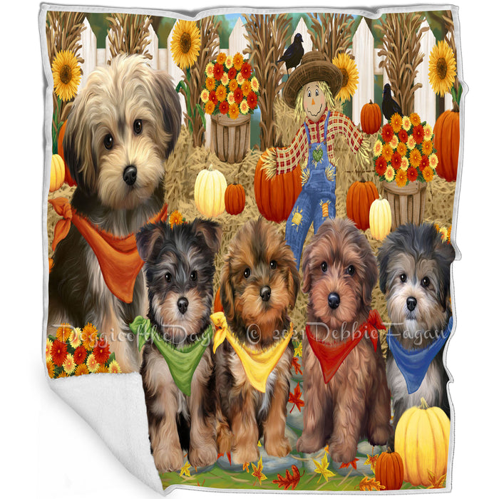Fall Festive Gathering Yorkipoo Dogs with Pumpkins Blanket BLNKT142426