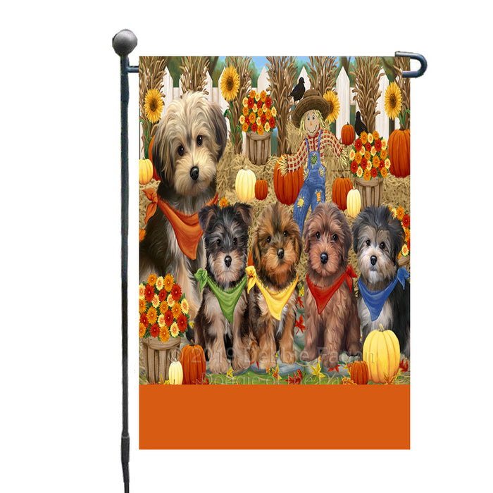 Personalized Fall Festive Gathering Yorkipoo Dogs with Pumpkins Custom Garden Flags GFLG-DOTD-A62108