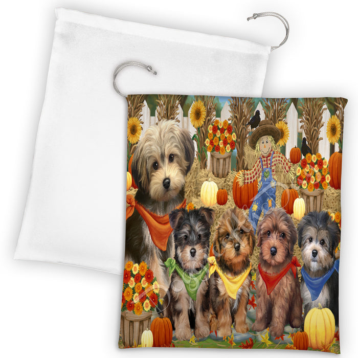 Fall Festive Harvest Time Gathering Yorkipoo Dogs Drawstring Laundry or Gift Bag LGB48454