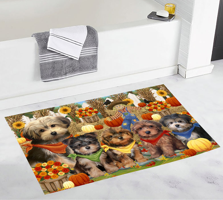 Fall Festive Harvest Time Gathering Yorkipoo Dogs Bath Mat