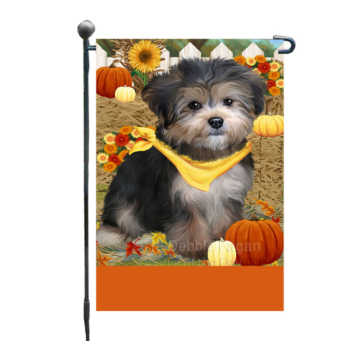 Personalized Fall Autumn Greeting Yorkipoo Dog with Pumpkins Custom Garden Flags GFLG-DOTD-A62112