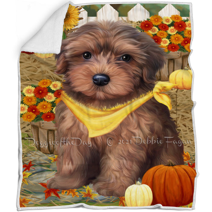 Fall Autumn Greeting Yorkipoo Dog with Pumpkins Blanket BLNKT74100