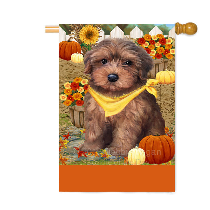 Personalized Fall Autumn Greeting Yorkipoo Dog with Pumpkins Custom House Flag FLG-DOTD-A62165