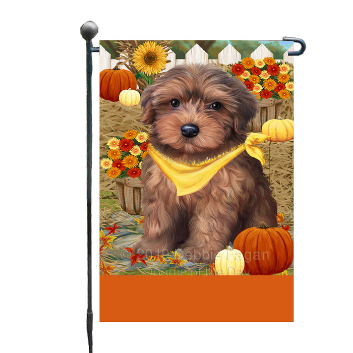 Personalized Fall Autumn Greeting Yorkipoo Dog with Pumpkins Custom Garden Flags GFLG-DOTD-A62109