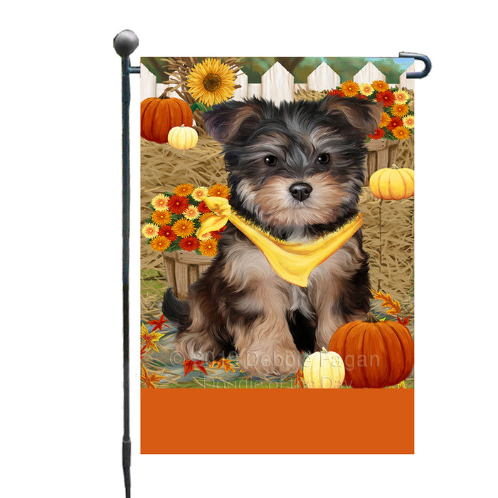 Personalized Fall Autumn Greeting Yorkipoo Dog with Pumpkins Custom Garden Flags GFLG-DOTD-A62110