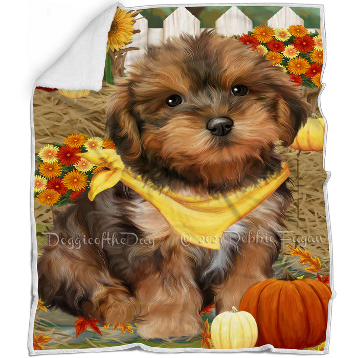 Fall Autumn Greeting Yorkipoo Dog with Pumpkins Blanket BLNKT74118