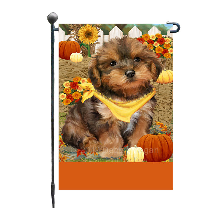 Personalized Fall Autumn Greeting Yorkipoo Dog with Pumpkins Custom Garden Flags GFLG-DOTD-A62111