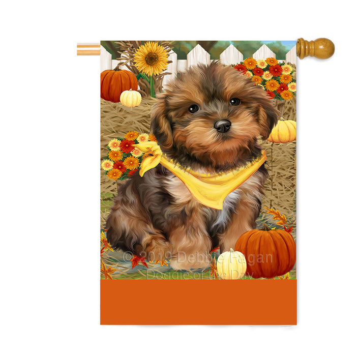 Personalized Fall Autumn Greeting Yorkipoo Dog with Pumpkins Custom House Flag FLG-DOTD-A62167