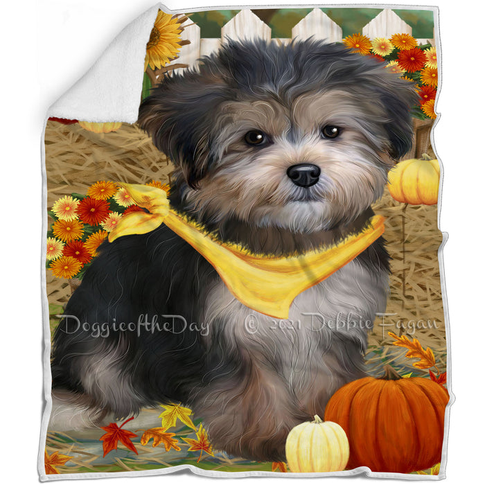 Fall Autumn Greeting Yorkipoo Dog with Pumpkins Blanket BLNKT74127