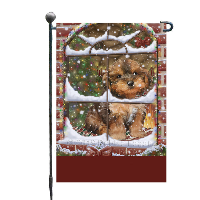 Personalized Please Come Home For Christmas Yorkipoo Dog Sitting In Window Custom Garden Flags GFLG-DOTD-A60221
