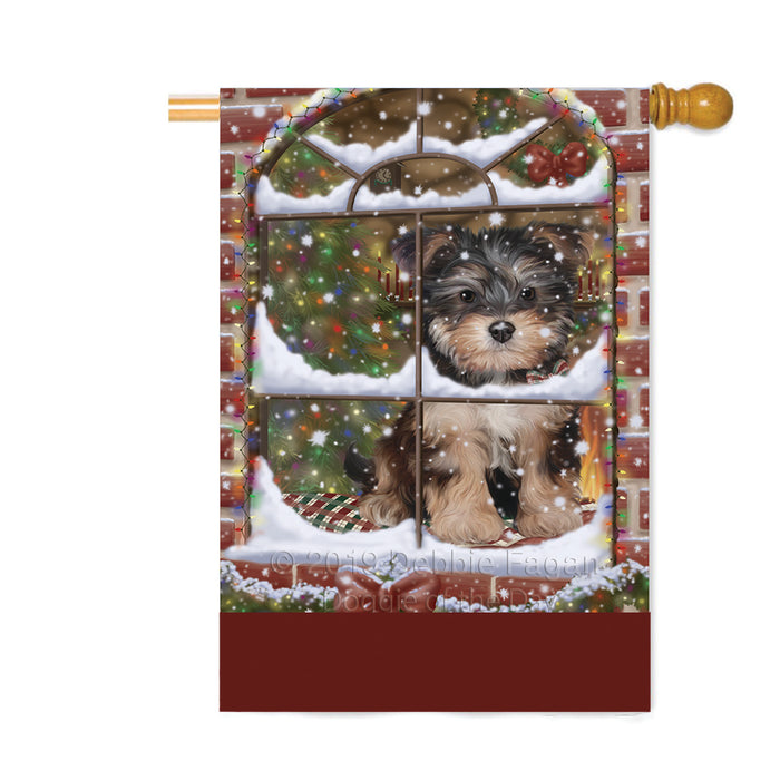Personalized Please Come Home For Christmas Yorkipoo Dog Sitting In Window Custom House Flag FLG-DOTD-A60278