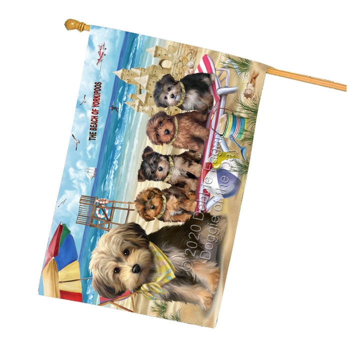 Pet Friendly Beach Yorkipoo Dogs House Flag Outdoor Decorative Double Sided Pet Portrait Weather Resistant Premium Quality Animal Printed Home Decorative Flags 100% Polyester