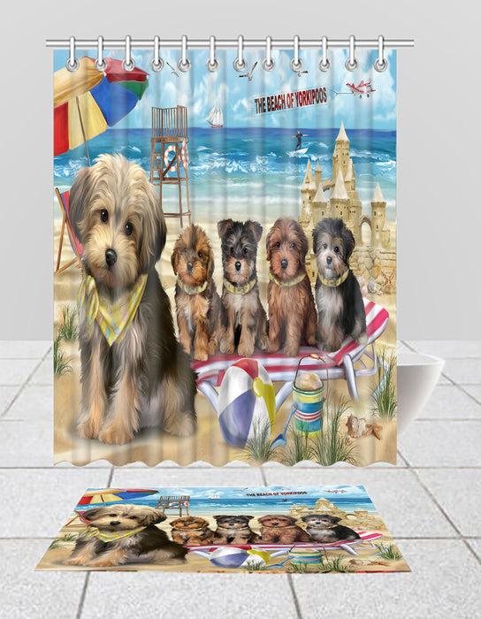 Pet Friendly Beach Yorkipoo Dogs Bath Mat and Shower Curtain Combo