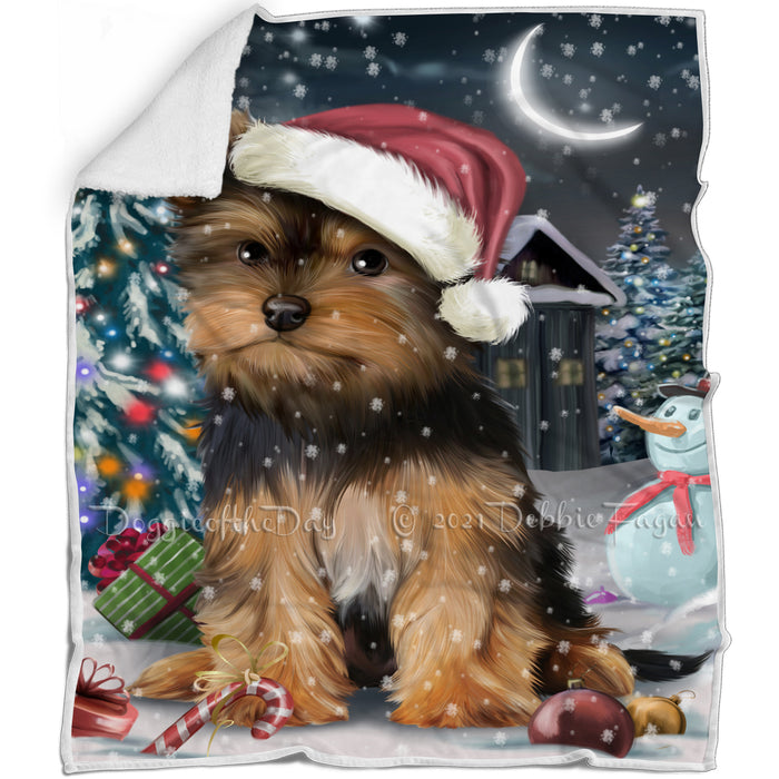Have a Holly Jolly Christmas Yorkshire Terrier Dog in Holiday Background Blanket D041