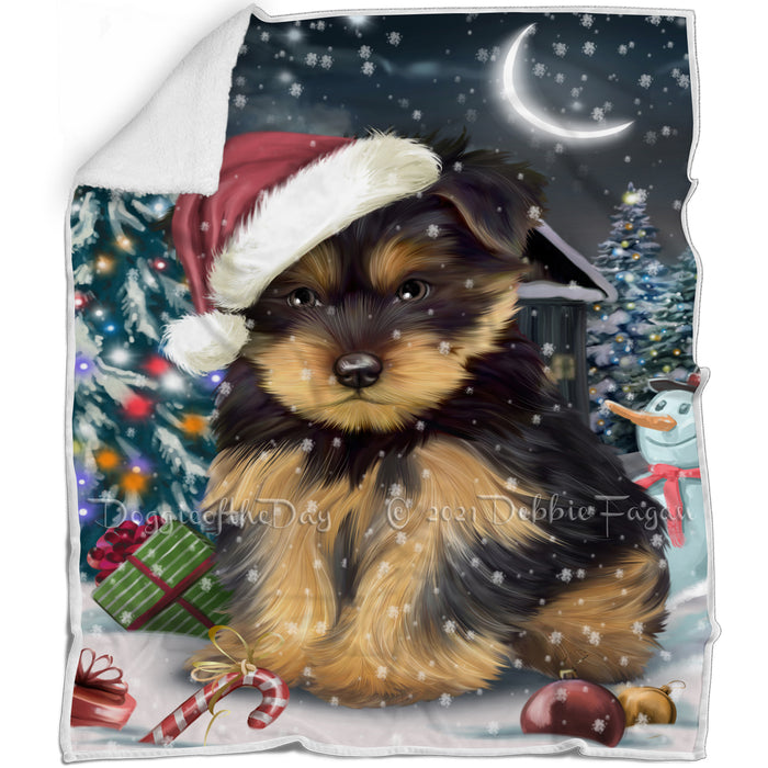 Have a Holly Jolly Christmas Yorkshire Terrier Dog in Holiday Background Blanket D043
