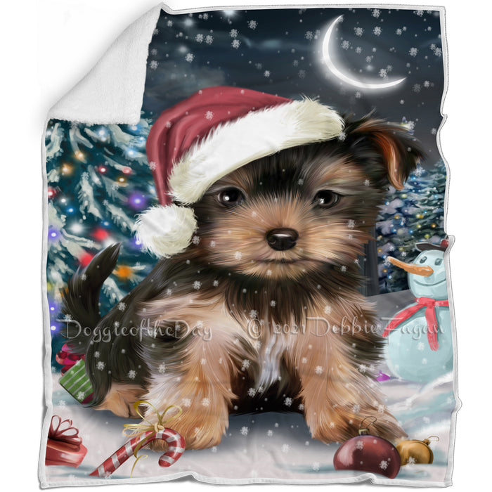 Have a Holly Jolly Christmas Yorkshire Terrier Dog in Holiday Background Blanket D044