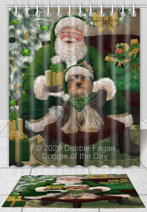 Christmas Irish Santa with Gift Yorkshire Terrier Dog Bath Mat and Shower Curtain Combo