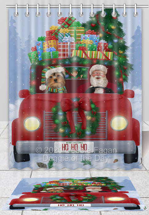 Christmas Honk Honk Red Truck Here Comes with Santa and Yorkshire Terrier Dog Bath Mat and Shower Curtain Combo