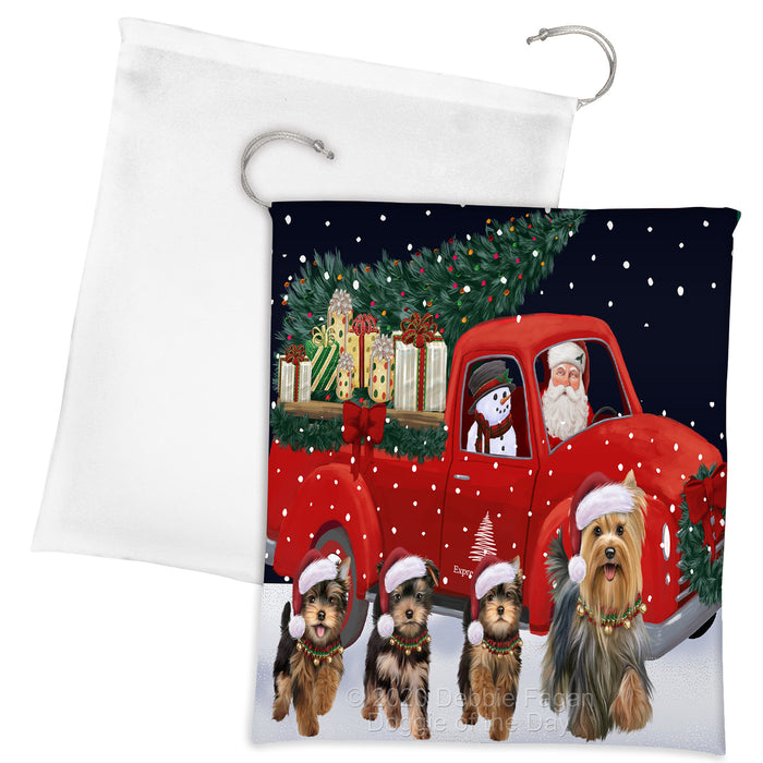 Christmas Express Delivery Red Truck Running Yorkshire Terrier Dogs Drawstring Laundry or Gift Bag LGB48942