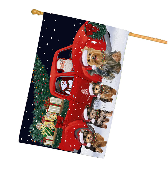 Christmas Express Delivery Red Truck Running Yorkshire Terrier Dogs House Flag FLG66562