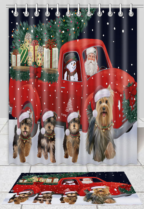 Christmas Express Delivery Red Truck Running Yorkshire Terrier Dogs Bath Mat and Shower Curtain Combo