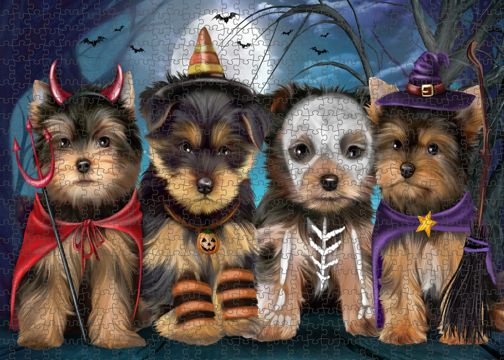 Happy Halloween Trick or Treat Yorkshire Terrier Dogs Portrait Jigsaw Puzzle for Adults Animal Interlocking Puzzle Game Unique Gift for Dog Lover's with Metal Tin Box