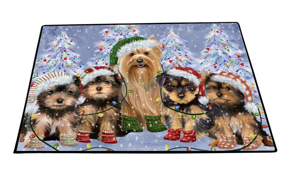 Christmas Lights and Yorkshire Terrier Dogs Floor Mat- Anti-Slip Pet Door Mat Indoor Outdoor Front Rug Mats for Home Outside Entrance Pets Portrait Unique Rug Washable Premium Quality Mat