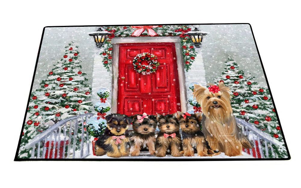 Christmas Holiday Welcome Yorkshire Terrier Dogs Floor Mat- Anti-Slip Pet Door Mat Indoor Outdoor Front Rug Mats for Home Outside Entrance Pets Portrait Unique Rug Washable Premium Quality Mat