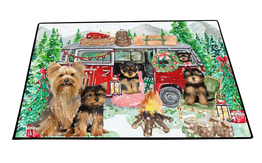 Christmas Time Camping with Yorkshire Terrier Dogs Floor Mat- Anti-Slip Pet Door Mat Indoor Outdoor Front Rug Mats for Home Outside Entrance Pets Portrait Unique Rug Washable Premium Quality Mat