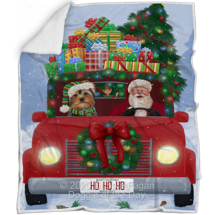 Christmas Honk Honk Red Truck Here Comes with Santa and Yorkshire Terrier Dog Blanket BLNKT141148