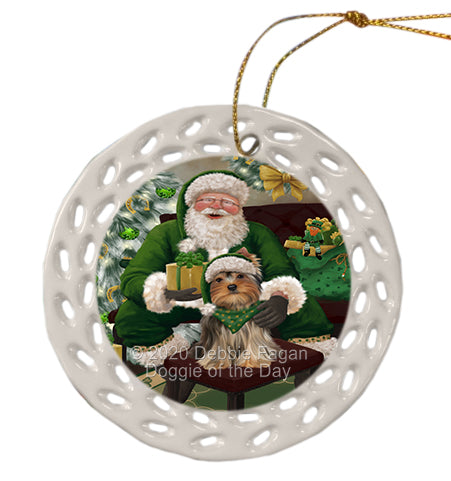 Christmas Irish Santa with Gift and Yorkshire Terrier Dog Doily Ornament DPOR59548