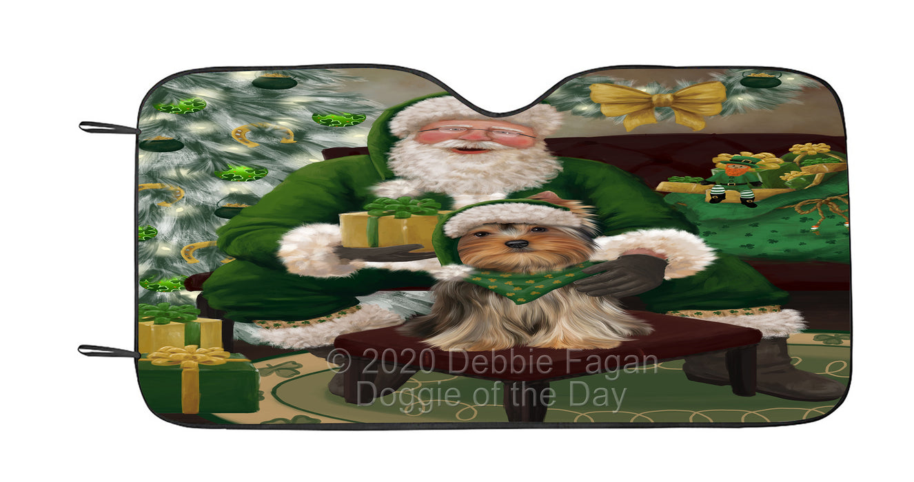 Christmas Irish Santa with Gift and Yorkshire Terrier Dog Car Sun Shade Cover Curtain