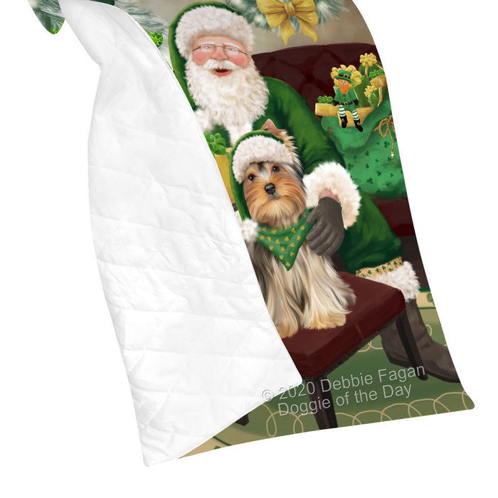 Christmas Irish Santa with Gift and Yorkshire Terrier Dog Quilt Bed Coverlet Bedspread - Pets Comforter Unique One-side Animal Printing - Soft Lightweight Durable Washable Polyester Quilt