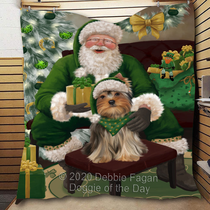 Christmas Irish Santa with Gift and Yorkshire Terrier Dog Quilt Bed Coverlet Bedspread - Pets Comforter Unique One-side Animal Printing - Soft Lightweight Durable Washable Polyester Quilt