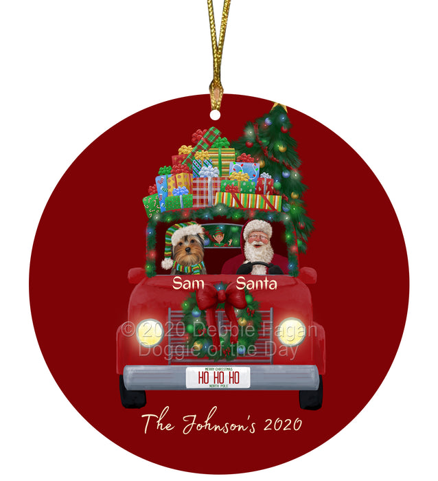 Personalized Christmas Honk Honk Red Truck Here Comes with Santa and Yorkshire Terrier Dog Round Flat Ornament PRBPOR59136