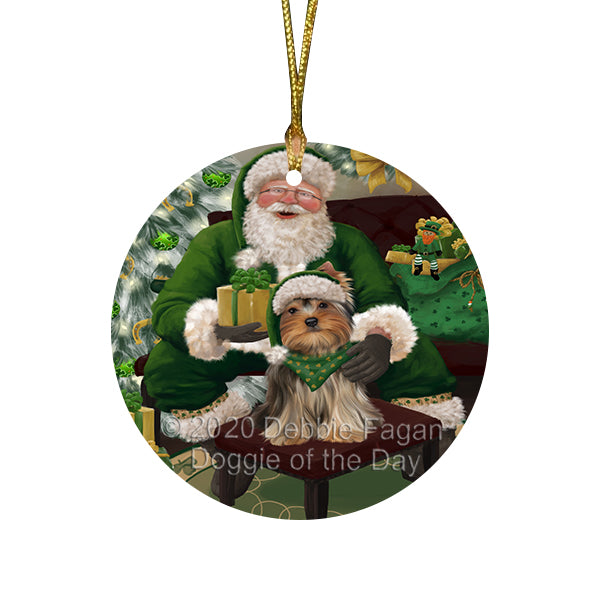 Christmas Irish Santa with Gift and Yorkshire Terrier Dog Round Flat Christmas Ornament RFPOR57986