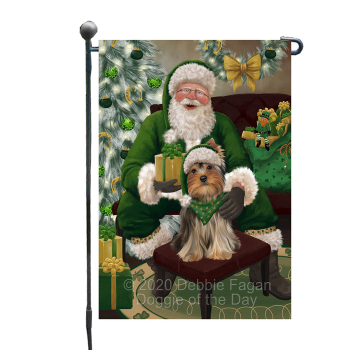 Christmas Irish Santa with Gift and Yorkshire Terrier Dog Garden Flag GFLG66702