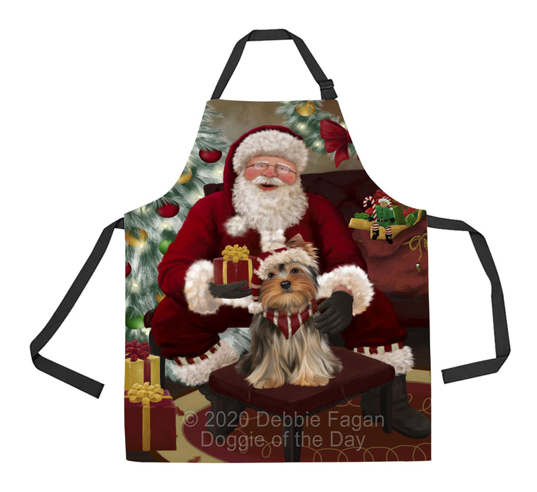 Santa's Christmas Surprise Yorkshire Terrier Dog Apron - Adjustable Long Neck Bib for Adults - Waterproof Polyester Fabric With 2 Pockets - Chef Apron for Cooking, Dish Washing, Gardening, and Pet Grooming