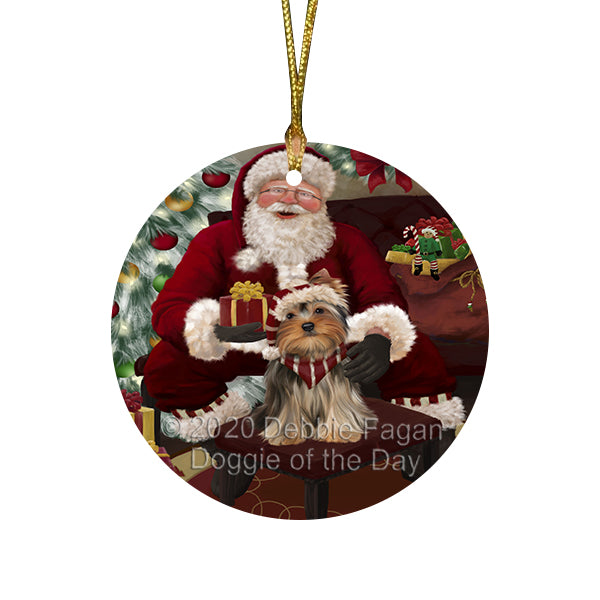 Santa's Christmas Surprise Yorkshire Terrier Dog Round Flat Christmas Ornament RFPOR58084