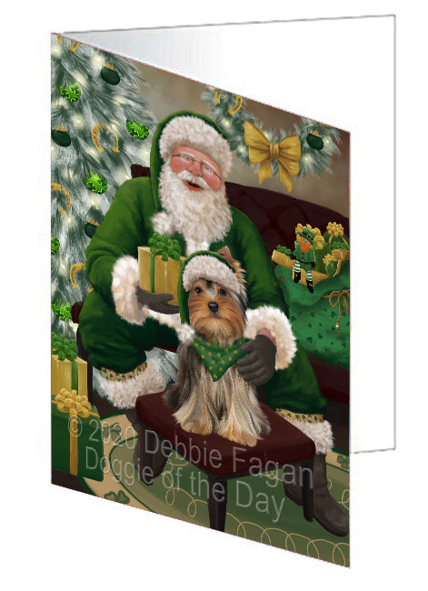 Christmas Irish Santa with Gift and Yorkshire Terrier Dog Handmade Artwork Assorted Pets Greeting Cards and Note Cards with Envelopes for All Occasions and Holiday Seasons GCD76028