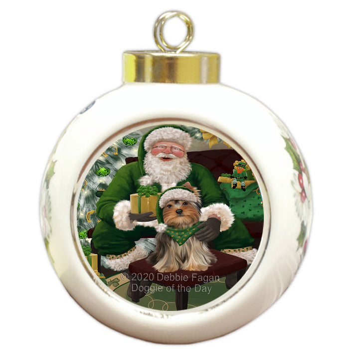 Christmas Irish Santa with Gift and Yorkshire Terrier Dog Round Ball Christmas Ornament RBPOR57986