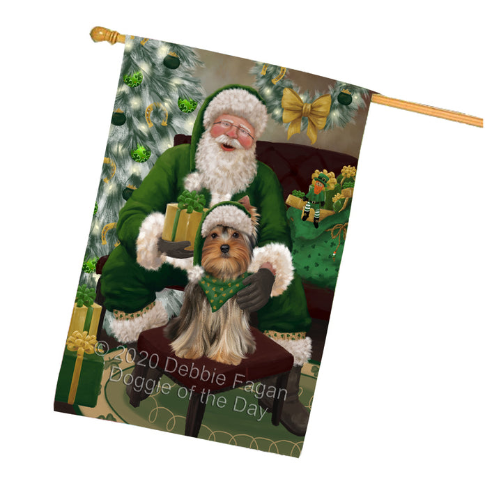 Christmas Irish Santa with Gift and Yorkshire Terrier Dog House Flag FLG66758