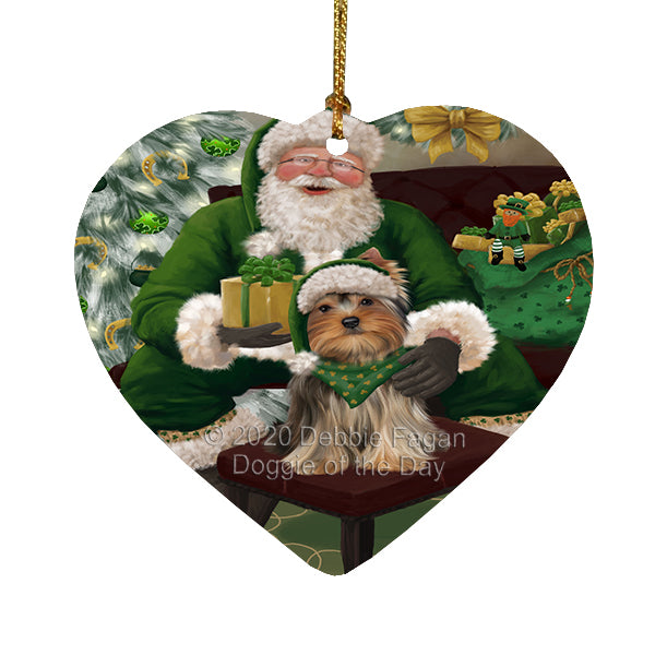 Christmas Irish Santa with Gift and Yorkshire Terrier Dog Heart Christmas Ornament RFPOR58328