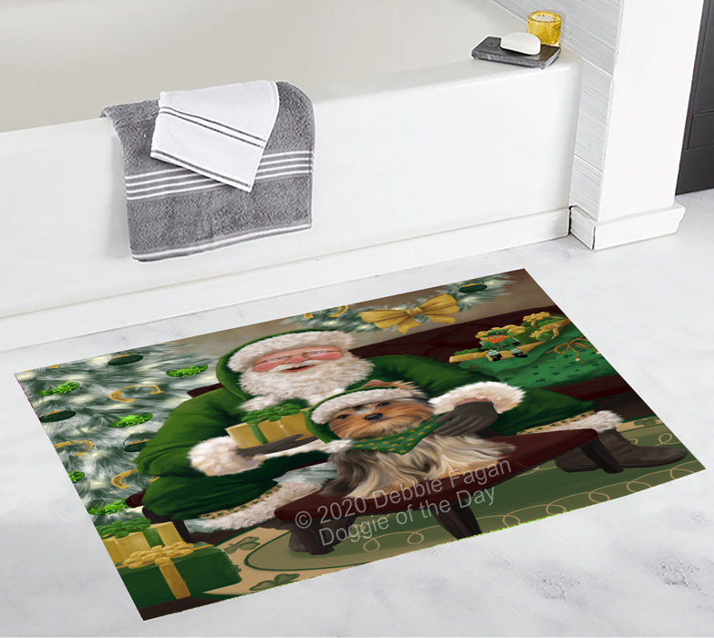 Christmas Irish Santa with Gift and Yorkshire Terrier Dog Bath Mat BRUG54214