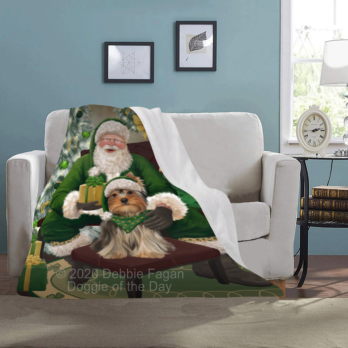 Christmas Irish Santa with Gift and Yorkshire Terrier Dog Blanket BLNKT141638