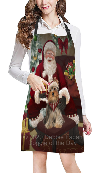 Santa's Christmas Surprise Yorkshire Terrier Dog Apron - Adjustable Long Neck Bib for Adults - Waterproof Polyester Fabric With 2 Pockets - Chef Apron for Cooking, Dish Washing, Gardening, and Pet Grooming