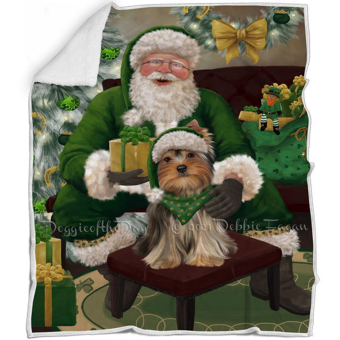 Christmas Irish Santa with Gift and Yorkshire Terrier Dog Blanket BLNKT141638