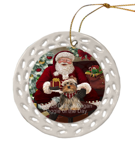 Santa's Christmas Surprise Yorkshire Terrier Dog Doily Ornament DPOR59646